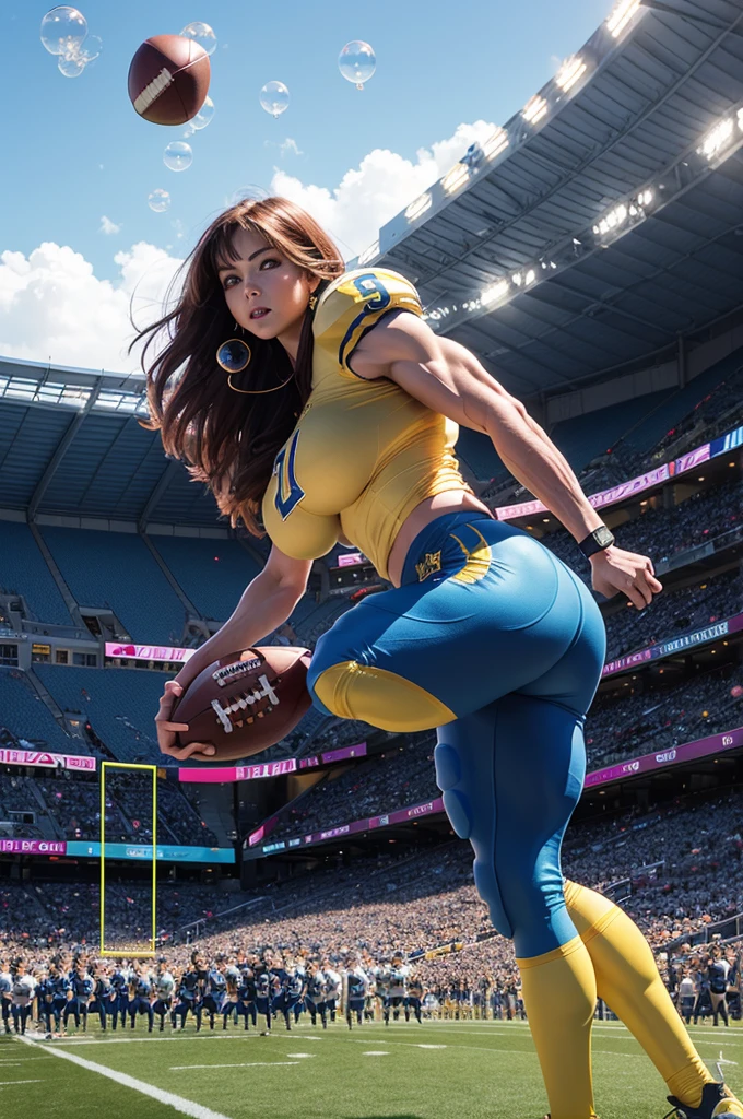 1980's, giantess, female, living inflatable, B41100n, inflating 500 ft tall stocking_anarchy, makeup, extra long hair, earrings, halo, (blow bubble gum:1.2), (American Football blue and gold uniform), (padded football pants with open fly), (blue and gold football cleats), (huge breast expansion), (muscle inflation:0.9), (hyper muscular legs), (hyper muscle:1.5), (blow bubble gum), pleasurable look on face, (outdoor all female football stadium), running towards camera