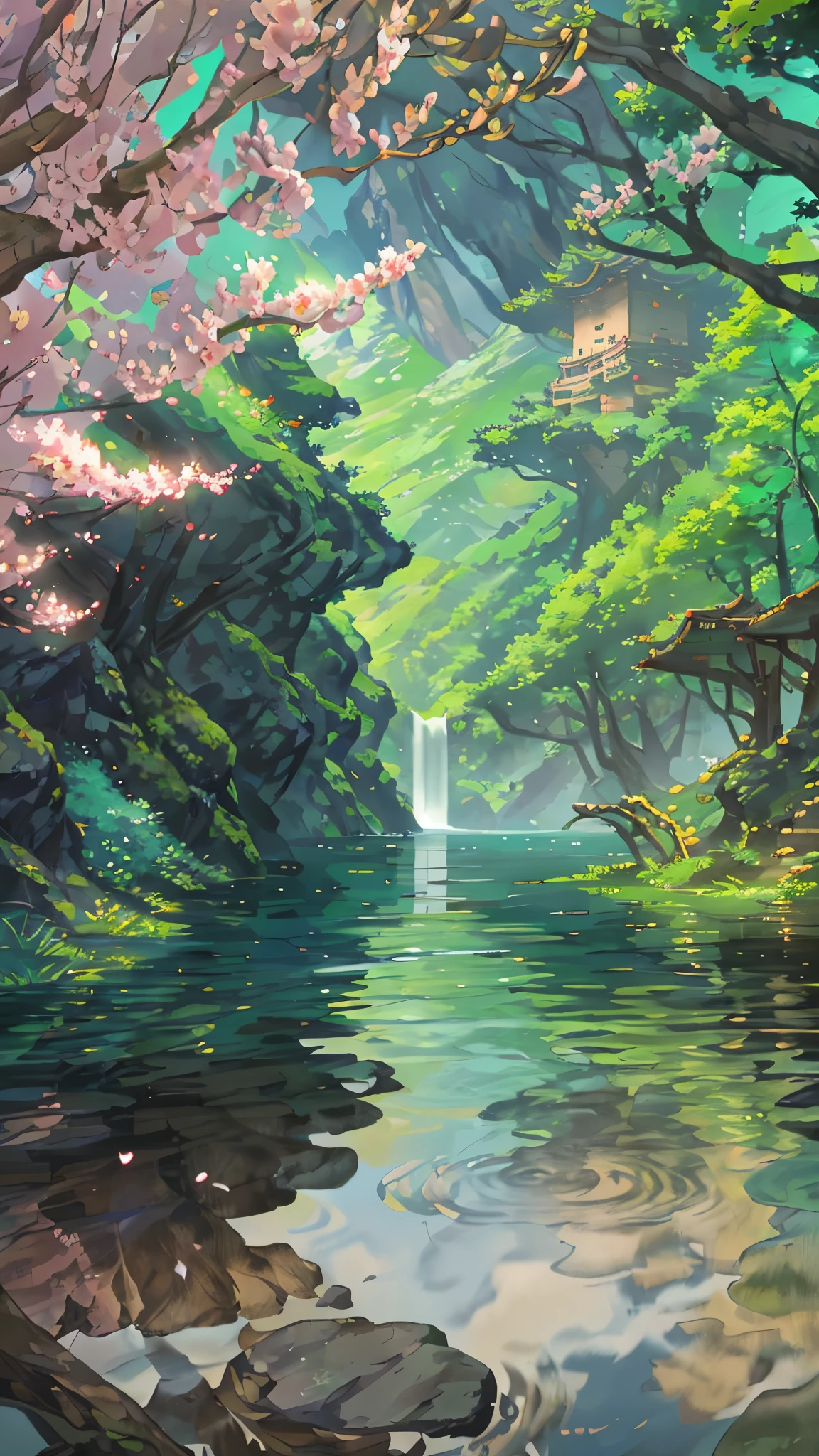 Chinese ancient times, spring, jungle, lake, cave, waterfall, tree, meadow, rock, deer, hot spring, water vapor, (illustration: 1.0), epic composition, realistic lighting, HD details, masterpiece, best quality, (very detailed CG unified 8k wallpaper)