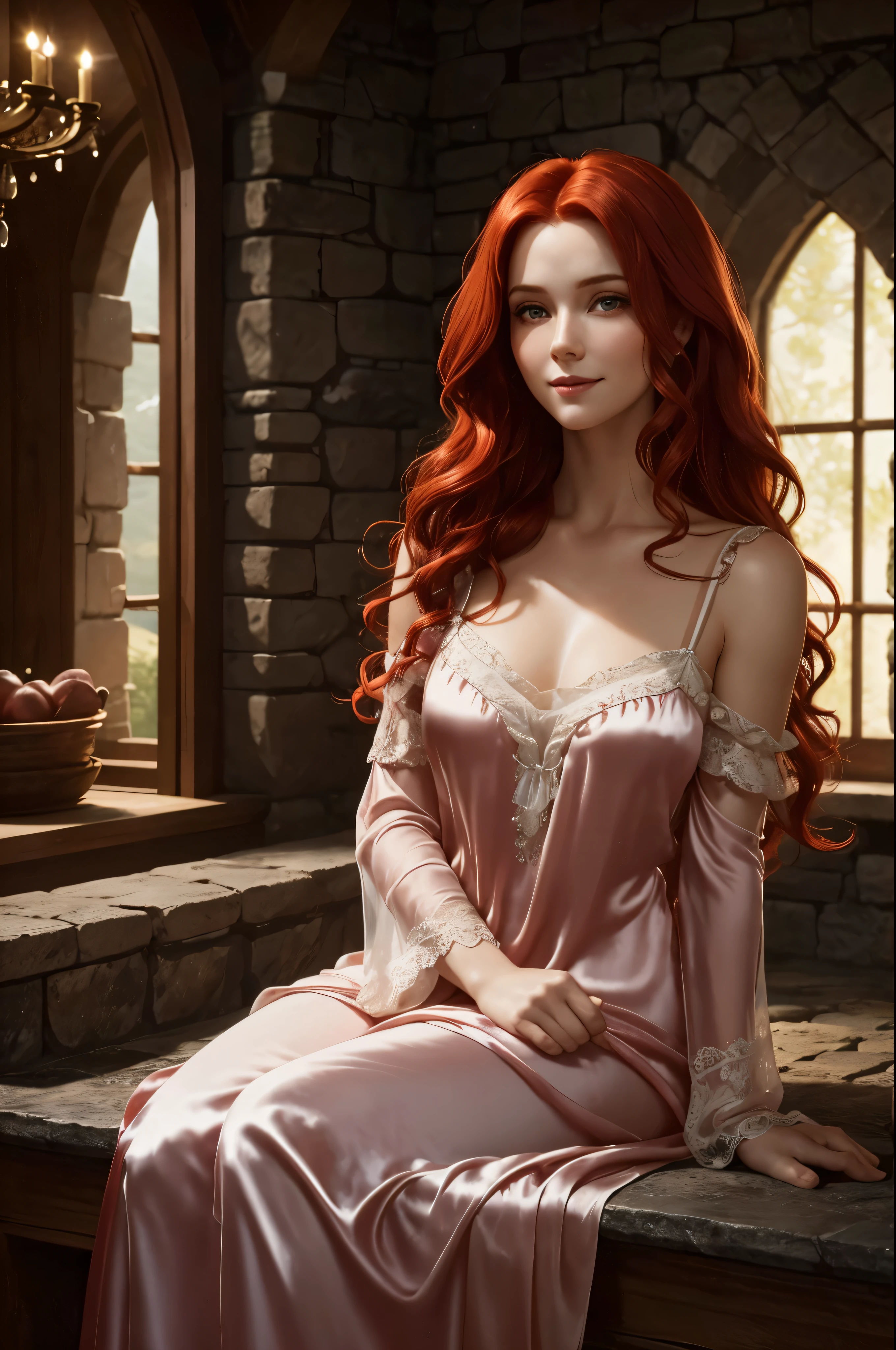 Triss, flowing wavy red hair, ((beautiful, perfect face)), ((detailed, beautiful, perfect, eyes)), ((silk nightgown)), smiling, looking at viewer, relaxing in a stone-walled hunting lodge, fun, ((realistic)), dramatic lighting, (depth of field), ((masterpiece)) ((best quality)) ((highly detailed))