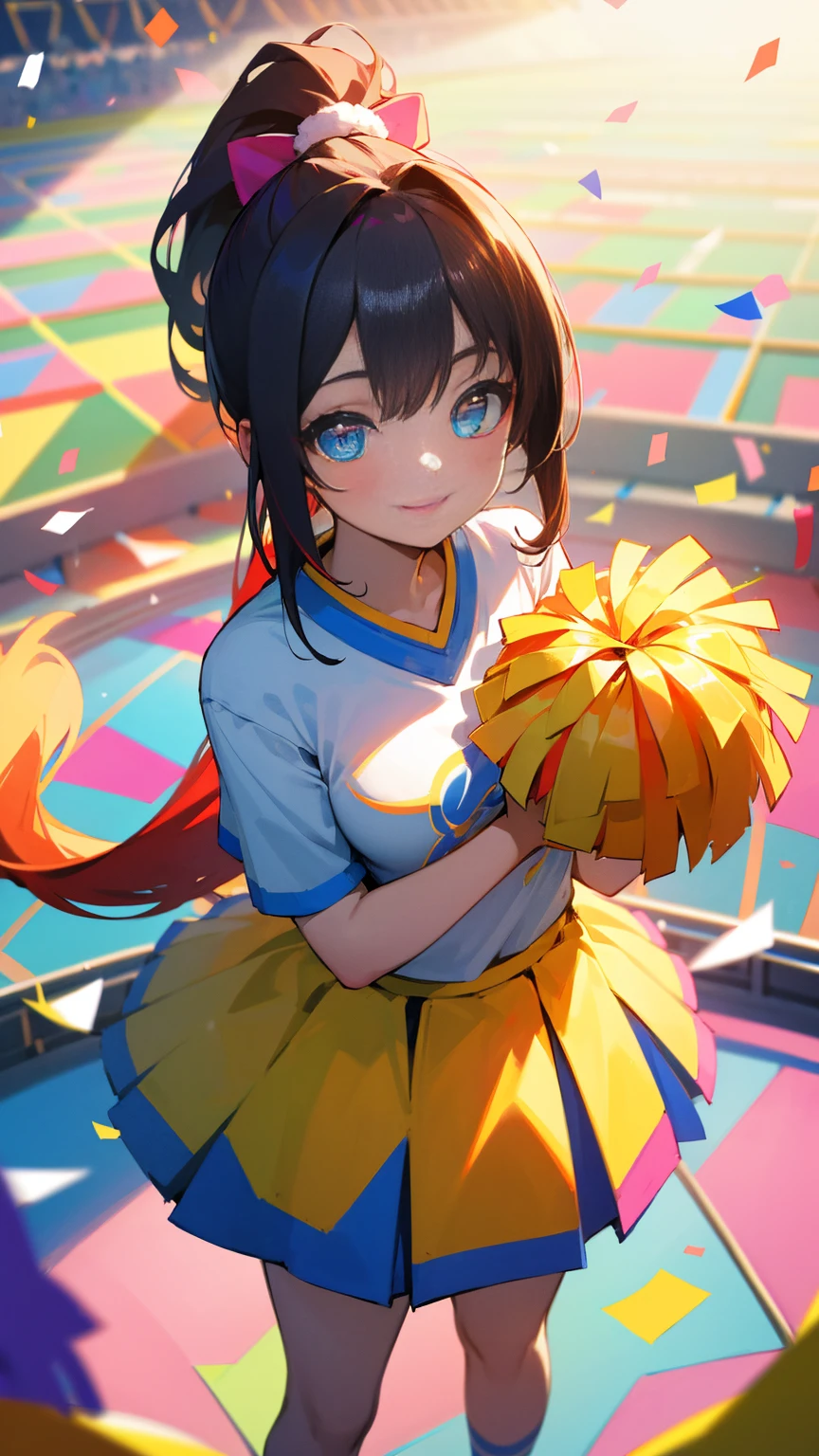 (highest quality:1.2), masterpiece, High resolution, perfect lighting, Lens flare, Cheerleader, long hair, ponytail, holding a pom pom, shirt, From above, big smile, chest, ,No sleeve, Brilliant, fine eyes, t-shirt, skirt, break ((colorful confetti)), stadium, nice, sparkling, effect

