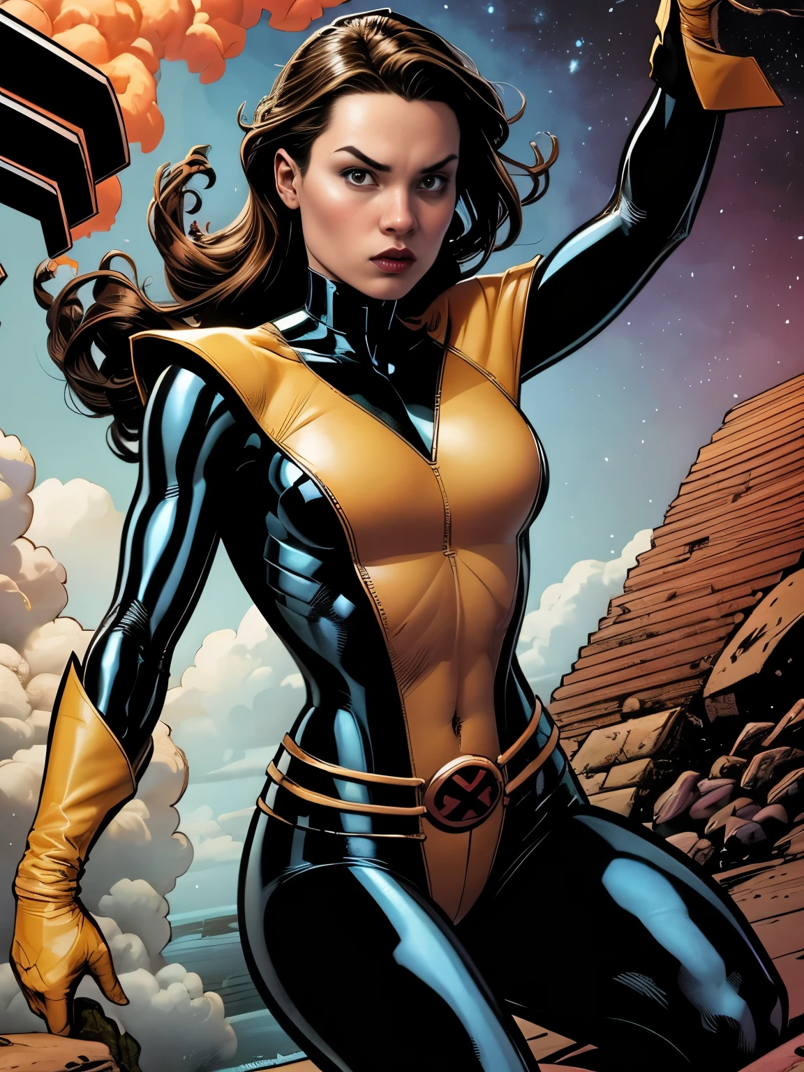 (((A comic style, cartoon art))). Shadowcat Posing for photo in epic heroic pose, wearing his iconic X-Men uniform. a concentrated expression. The vibrant color combination of the uniform stands out against the background, capturing the dynamic and powerful moment of Kitty Pryde's unique ability. ((Hot Body, camel toes))). ((Abstract Comic background )) , vivid colors, detailed, detailed face, realistic shadows and bright, glowing.