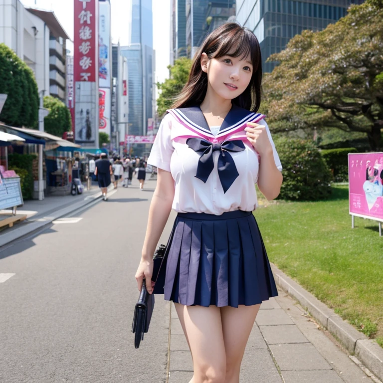 45 year old beautiful half-naked Japanese woman。Open blue sailor suit showing big breasts。A cut blue pleated skirt that exposes the crotch and shows pubic hair.。Full body with big breasts and pubic hair exposed。plump thick legs。Pants on the thighs。Brown leather shoes。The background is a city sidewalk。