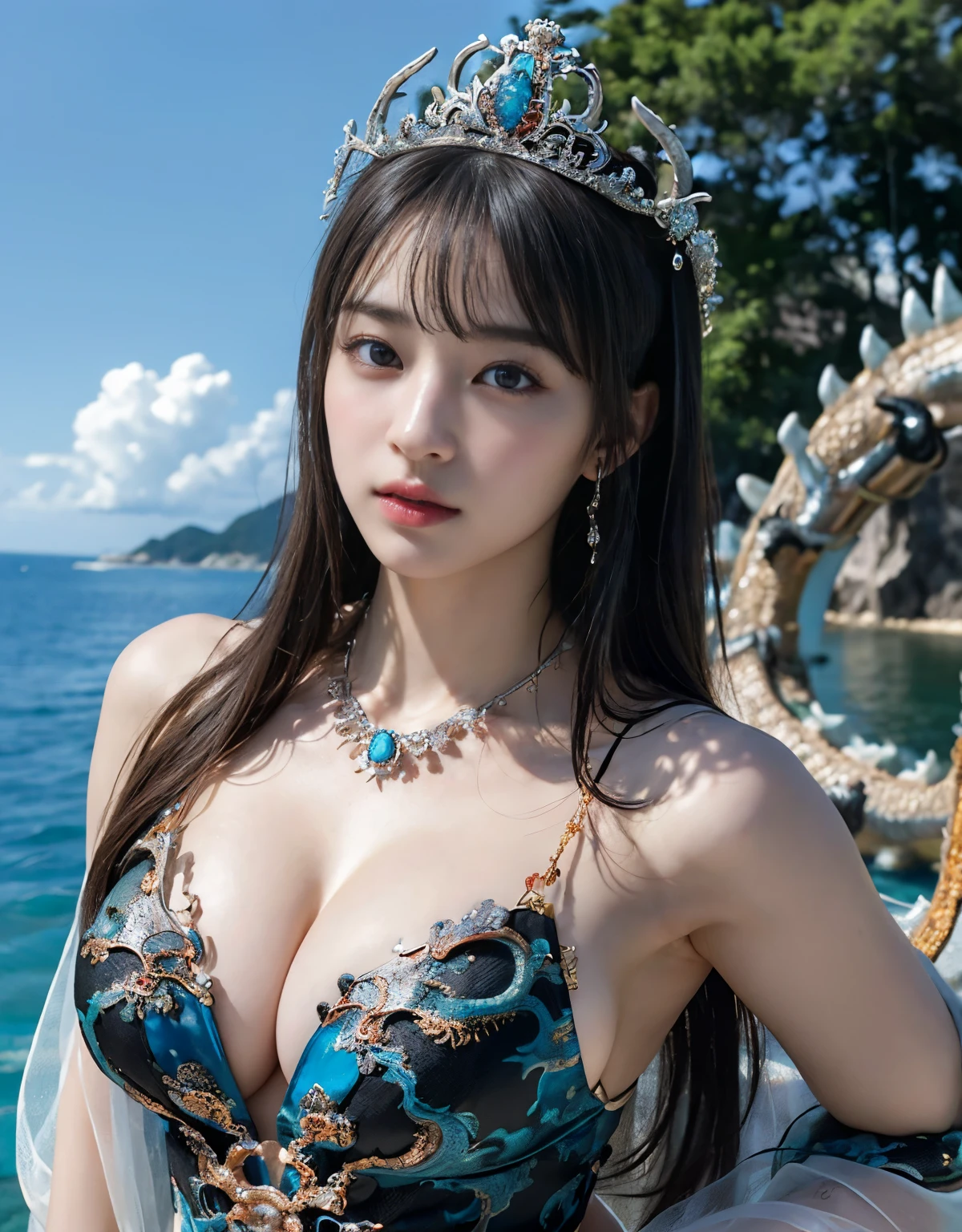 (heavy chest)、highest quality、masterpiece、ultra high resolution、(Blue Dragon Armor)、(((Metal製))),(((big breasts)))、(((detailed white micro bikini))),(she wears a beautiful crown made of precious stones.),(Photoreal:1.4)、RAW photo、1 girl、(((random hair))、(((color々take a pose)))、glowing skin、(((black chinese dragon)))、intricate and gorgeous hair ornaments、(Looks like a gorgeous jewelry necklace)、(someone who looks at you calmly, Eyes like a goddess.)happiness:1.2)、(metal bikini background)).((Beautiful coral and sea background))、cliff、(ruins background)、((Super realistic details))、portrait、global illumination、(sexy pose)、Shadow、octane rendering、16K、big breasts、Raw skin exposed in the cleavage、Metal、intricate decorative details、Japan details、very intricate details、realistic light、CG Society Trenlow Eyes、Eyes shining towards the camera、(veil)、(((heavy big))),Shining eyes shine、armpit、24K,