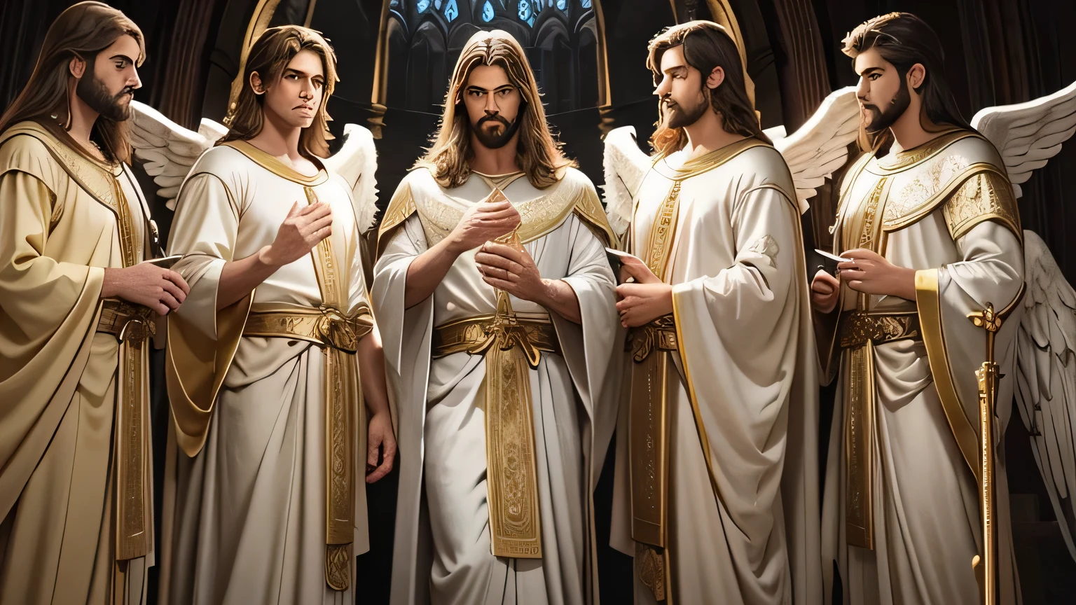 extremely detailed illustration of group of heavenly men angels, vestindo vestiduras dourada e prata, anjos em perfeitos detalhes, sem nudez