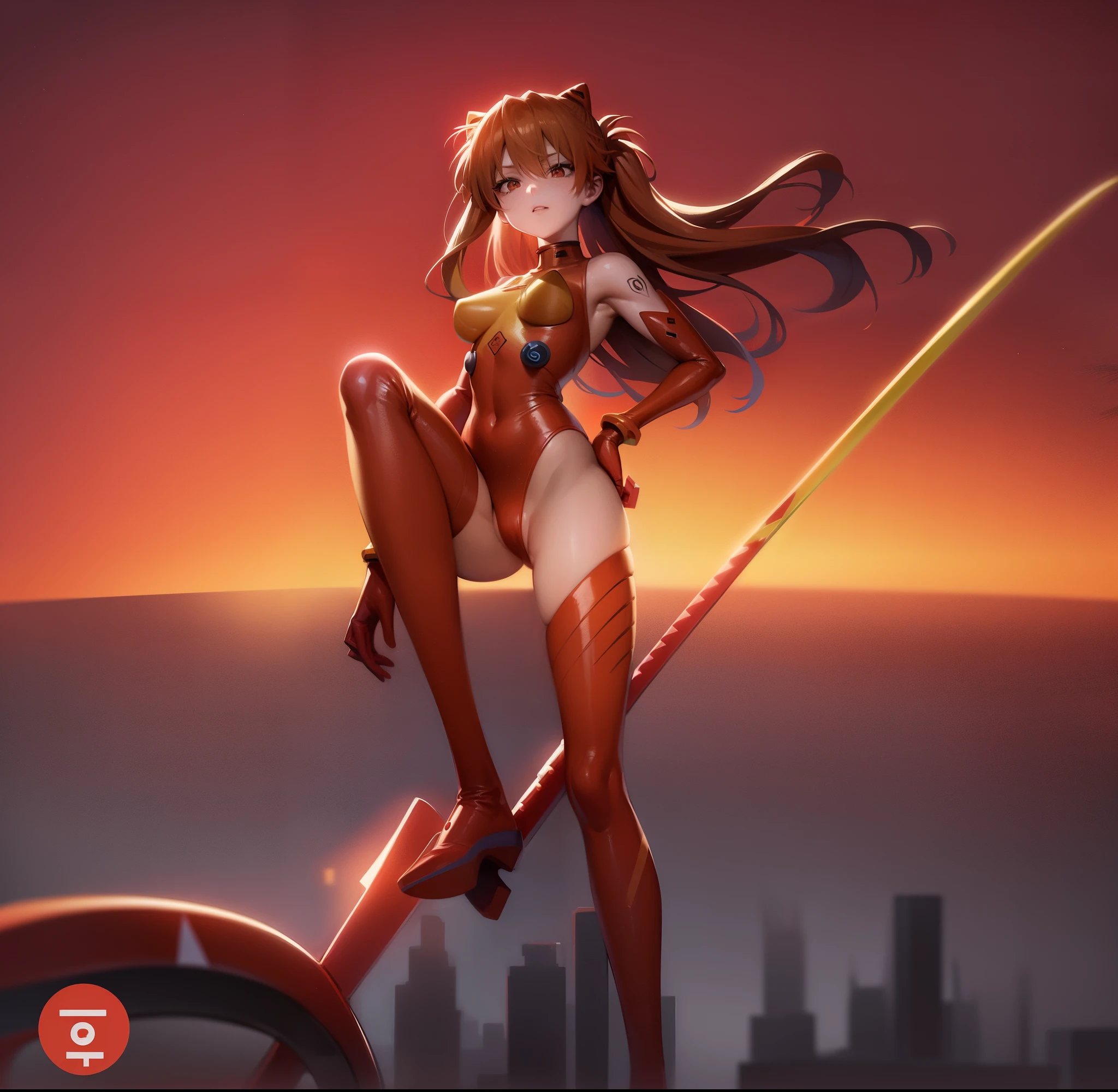 chica anime vestida de rojo parada en un poste con espada, Asuka Langley sohryu, Zenkai de cuerpo completo! Traje de Asuka, Asuka Langley, Asuka Langley souryuu, Asuka Langley soryu, Cero dos, beautiful Asuka de Evangelion, Asuka de Evangelion, ( evangelion ), portrait of Asuka Langley soryu, Arte oficial