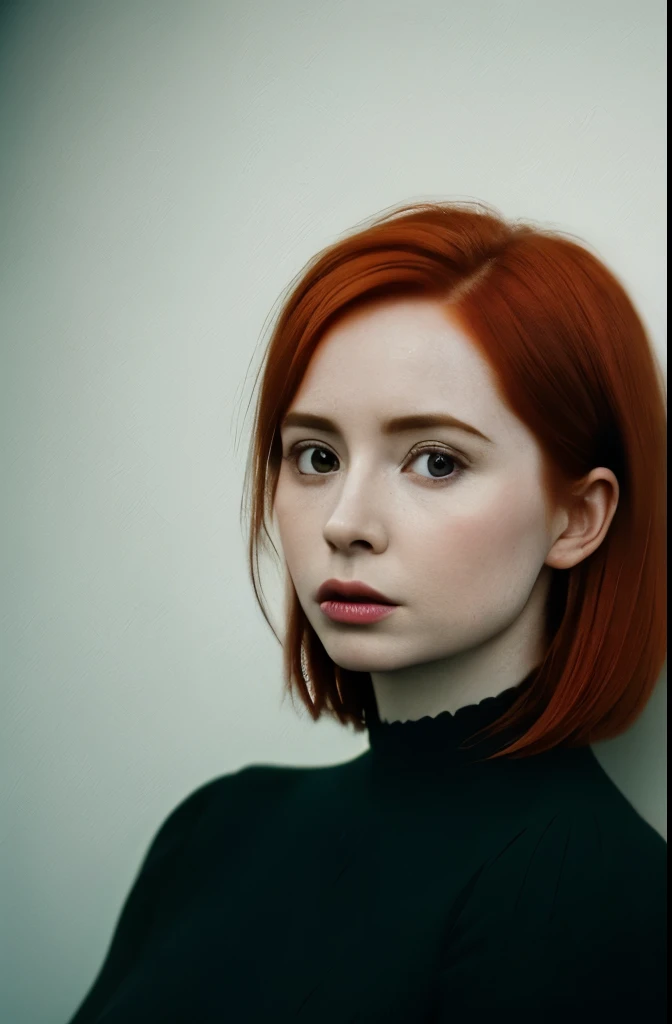 Karen Gillian,in the dark, film grain, award winning photo, (green tint:0.5), looking to the side, redhead