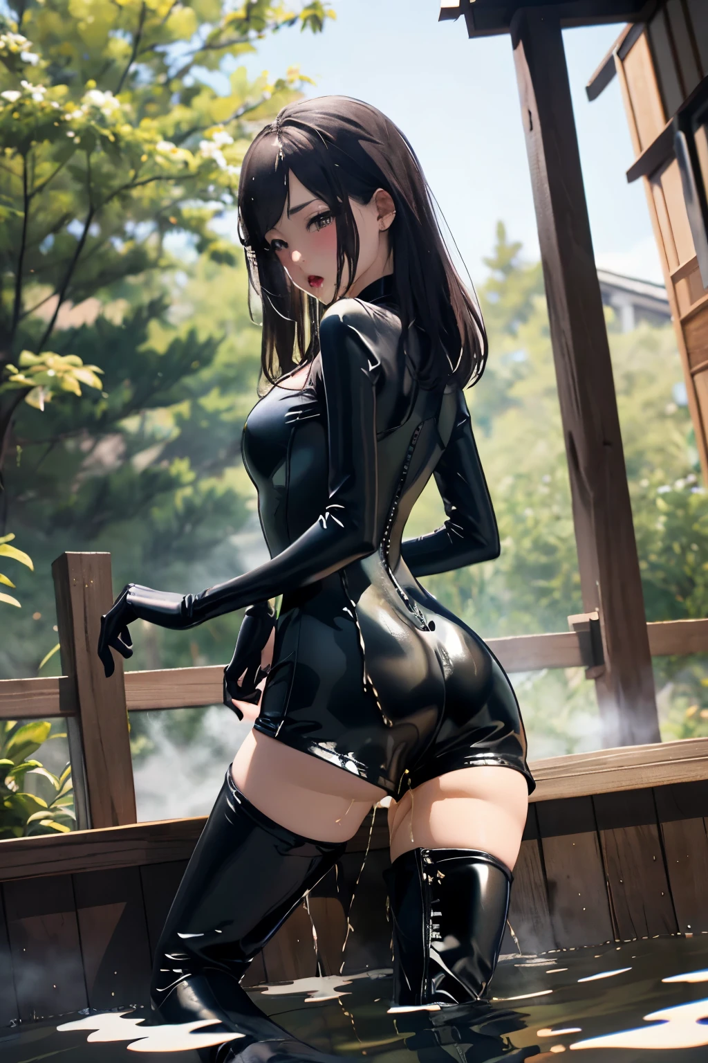 NSFW、One Girl、(20-year-old woman)、Cat ears headband、Anal plug with a tail、Black enamel high leg suit、Ultra-thin suit、Skin is transparent、squat、Cat Pose、Black cat、City、Back alley at night、Green Eyes、Beautiful eyes、Laugh with fangs out、Faces aiming for prey、View from below