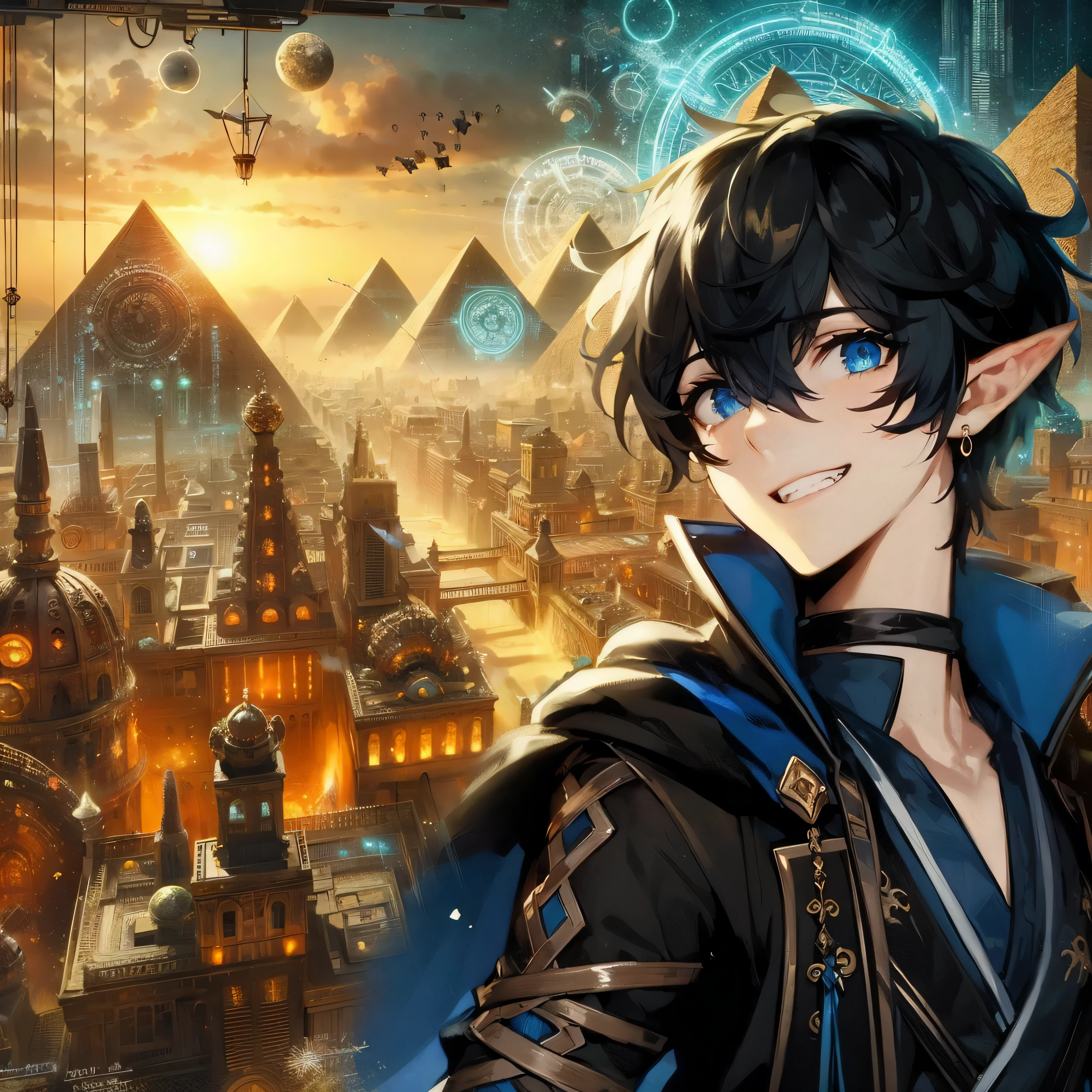 um close up de uma pessoa em frente a uma cidade, alquimista de fantasia masculino magro, Cara de anime alto com olhos amarelos, epic light novel cover art, anime em estilo fantasia, arte principal do anime, pessoal, estilo shadowverso, retrato de um jovem elfo bruxo, jovem meio elfo bruxo, light novel epic art cover, anime fantasy illustration