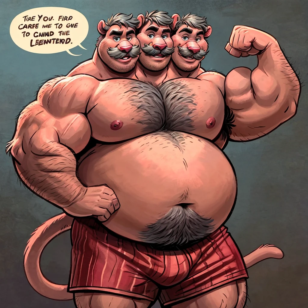 solo, three headed pink panther conjoined triplet brothers, adult male, hairy, detailed eyes, (by dramamine), by disney, by pixar, by rembrandt, (identical:1.9), (obese, big belly, barazoku, hairy), gray background, shirtless, boxers, speech bubbles:1.5, correct hands, (ultradetailed, photorealistic, detailed eyes), exaggerated pose, ((flexing muscles, sexy pose, coy grin)), ((thin mustache)), gray hair, ((tail))