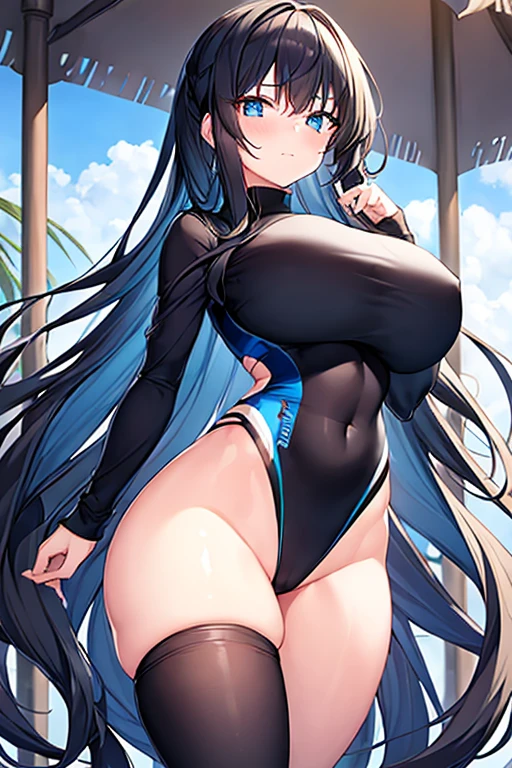 1girl, black hair, long hair, dark blue hair, large breasts, wide hips, thick thighs, one-piece swimsuit, competitiom swimsuit, black swimsuit, blue trim, blue eyes, shy, timid, wavy mouth, long sleeves
