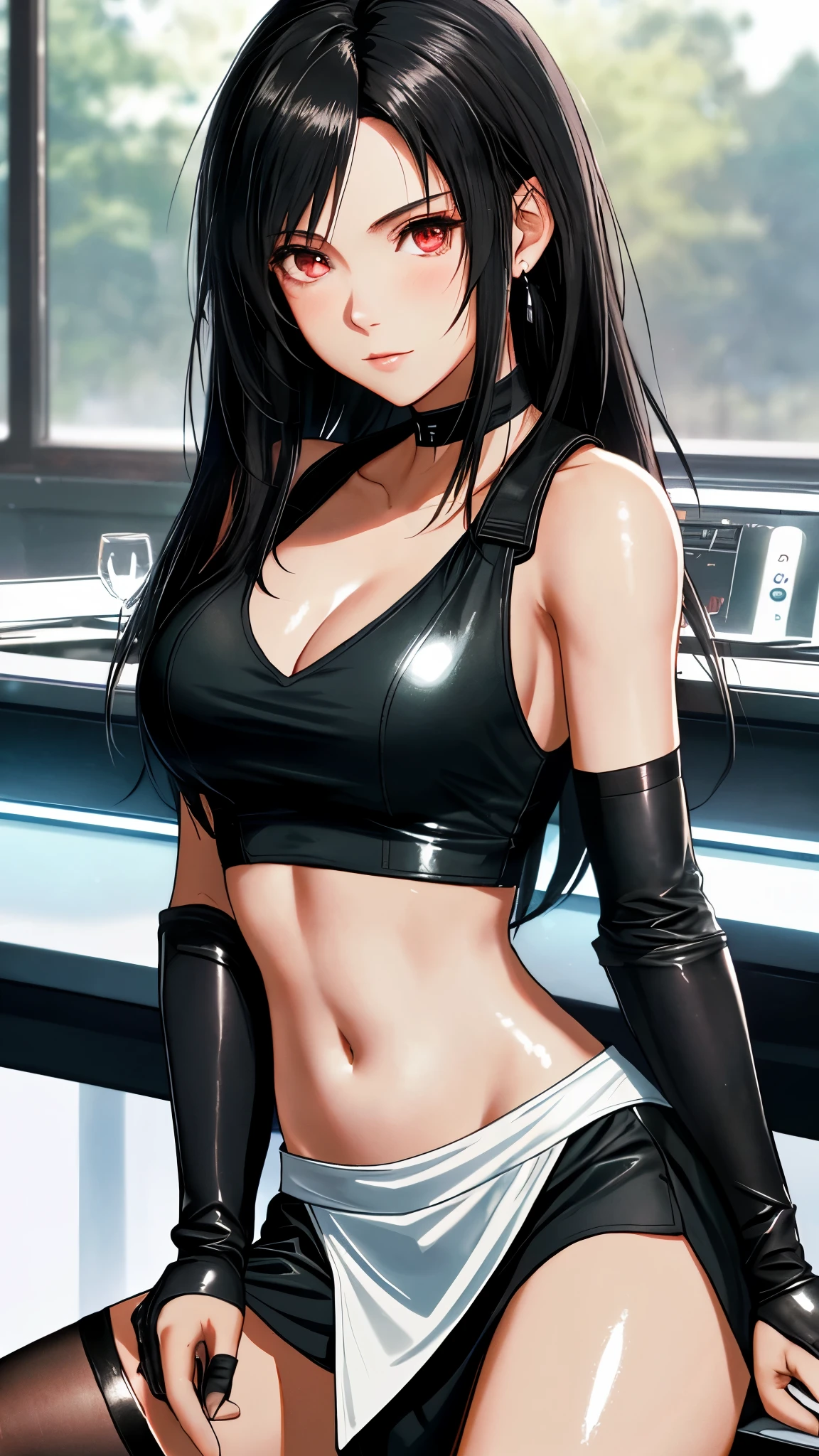 8k,masterpiece, basic quality,big deal, (1 girl), Tifa Lockhart, Red_Eye, black hair, long hair, professional lighting, (shiny skin: 1.2), shiny big deal, ((best quality)), sharp focus: 1.2, Highly detailed facial and skin textures, detailed Eye, perfect face, Perfect body, blur art, CG, Background big breasts, present (20 years, Mature and cool face), worn (Black dress with slips), black elbow gloves, White tight shirt, thigh, white vest, navel, clavicle, blush, (mittgal), sitting, sitting cross-legged on an old bar chair, Jukebox,