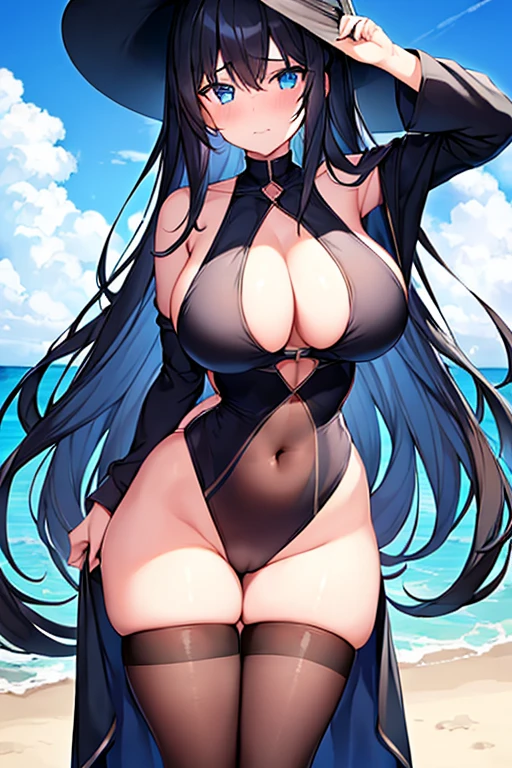 1girl, black hair, long hair, dark blue hair, , wide , thick thighs, one-piece swimsuit, competitiom swimsuit, black swimsuit, blue trim, blue eyes, shy, timid, wavy mouth, long sleeves