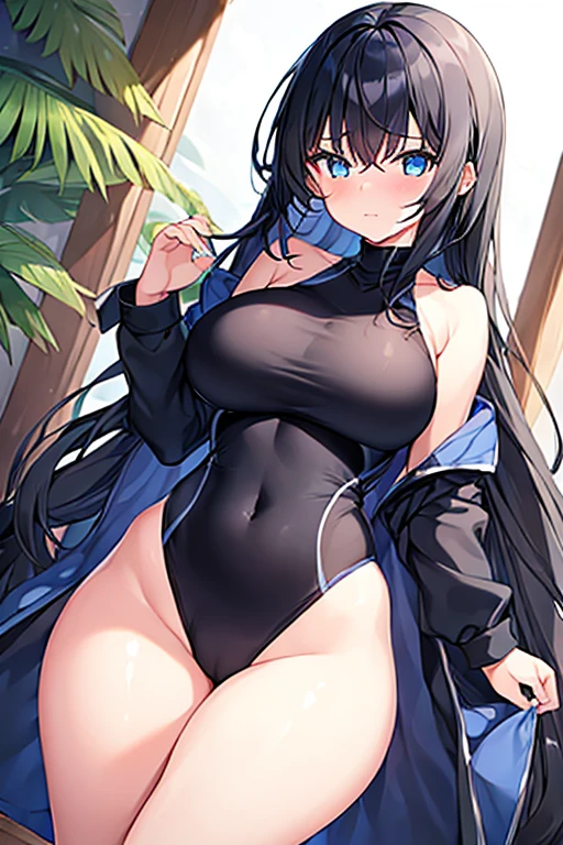 1girl, black hair, long hair, dark blue hair, large breasts, wide hips, thick thighs, one-piece swimsuit, competitiom swimsuit, black swimsuit, blue trim, blue eyes, shy, timid, wavy mouth, long sleeves