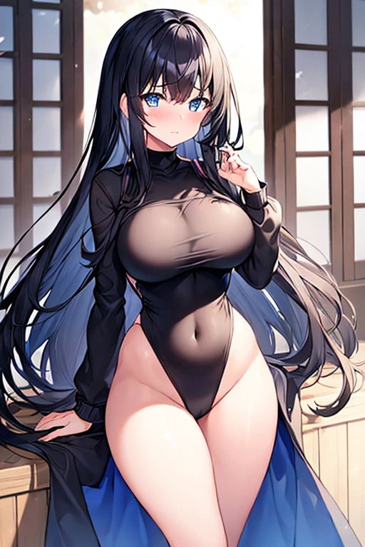 1girl, black hair, long hair, dark blue hair, large breasts, wide hips, thick thighs, one-piece swimsuit, competitiom swimsuit, black swimsuit, blue trim, blue eyes, shy, timid, wavy mouth, long sleeves
