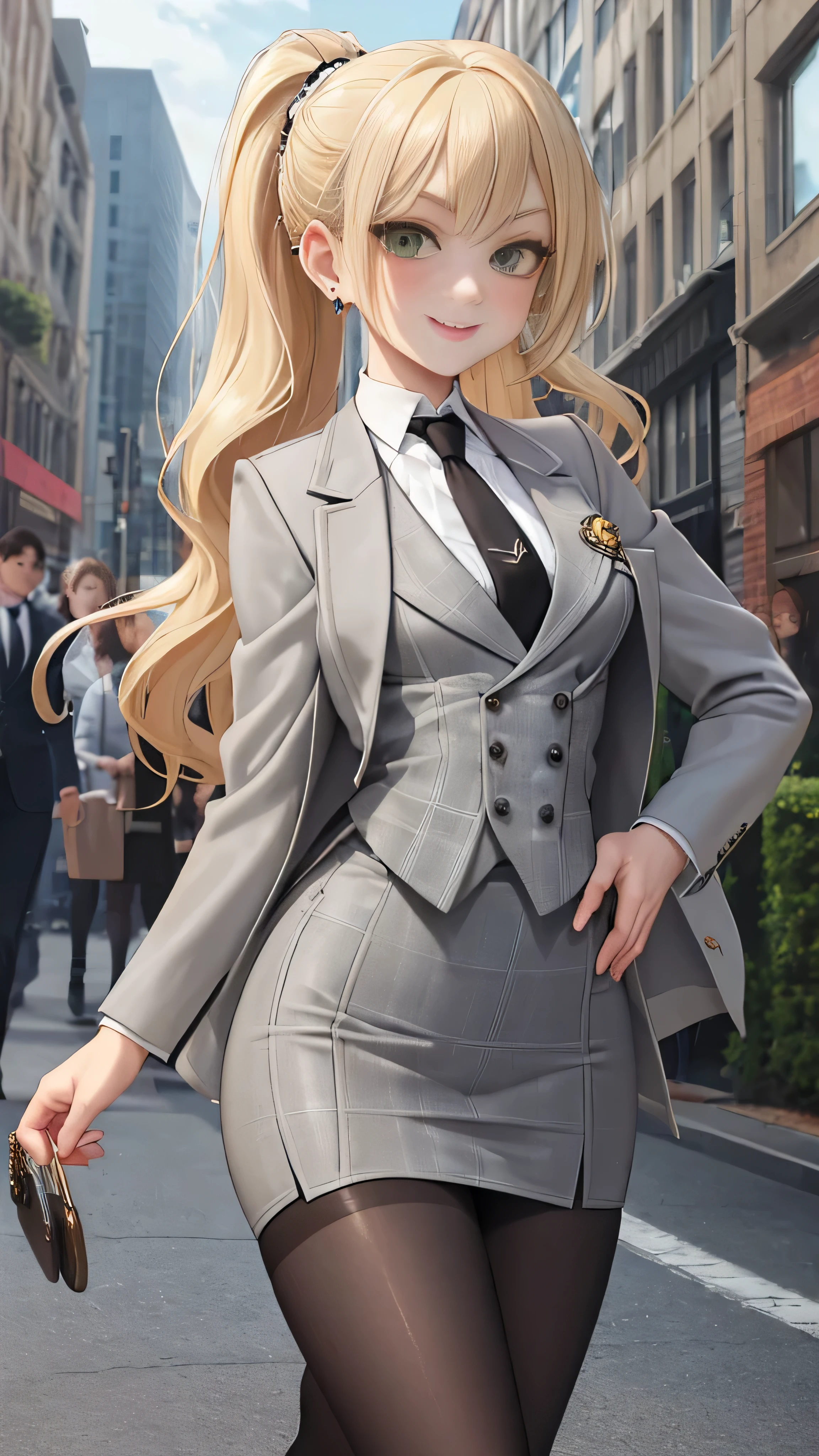 (masterpiece, best quality), 1girl, solo, blonde hair, long wavy hair, high ponytail, asymmetrical bangs, green eyes, small perky breasts, freckles, pale skin, long eyelashes, grey plaid skirt suit, (((three-piece suit))), necktie, blazer, (((suit jacket))), (((waistcoat))), double-breasted waistcoat, (((bodycon miniskirt))), (((pencil skirt))), cufflinks, tie clip, pocket square, pocket watch, pantyhose, high heels, earrings, ear piercing, outdoors, walking, happy, smile, wind, floating, upper body, looking at viewer