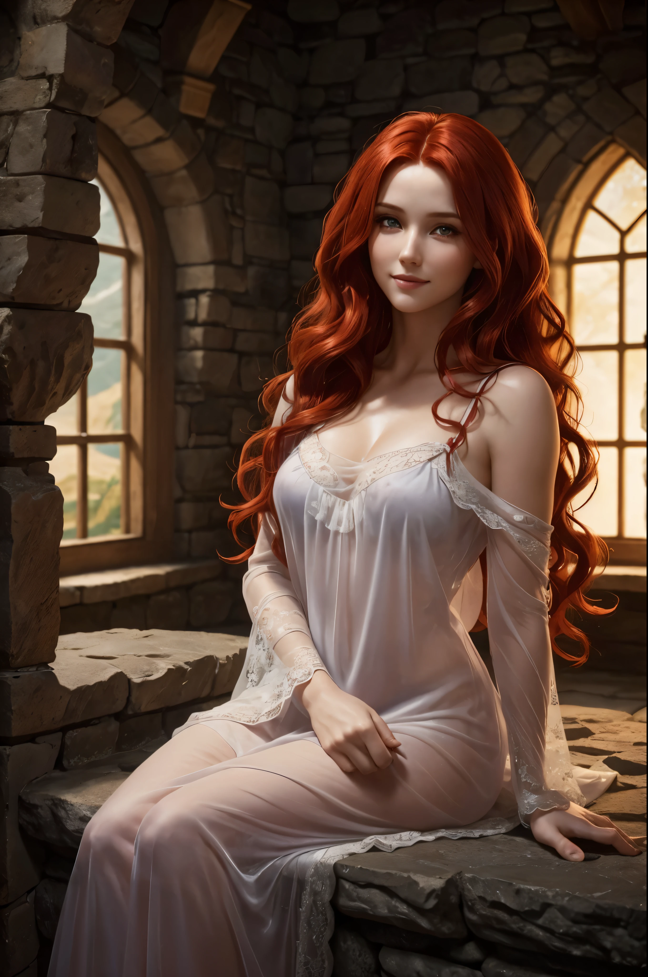 Triss, flowing wavy red hair, ((beautiful, perfect face)), ((detailed, beautiful, perfect, eyes)), ((see-through nightgown)), smiling, looking at viewer, relaxing in a stone-walled hunting lodge, fun, ((realistic)), dramatic lighting, (depth of field), ((masterpiece)) ((best quality)) ((highly detailed))