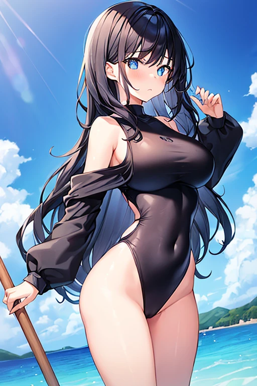 1girl, black hair, long hair, dark blue hair, large breasts, wide hips, thick thighs, one-piece swimsuit, competitiom swimsuit, black swimsuit, blue trim, blue eyes, shy, timid, wavy mouth, long sleeves, bare lega, blue line