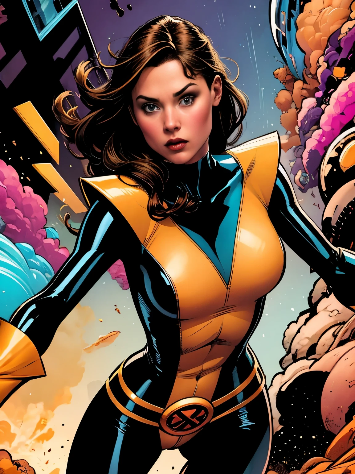 (((A comic style, cartoon art))). Shadowcat Posing for photo in epic heroic pose, wearing his iconic X-Men uniform. a concentrated expression. The vibrant color combination of the uniform stands out against the background, capturing the dynamic and powerful moment of Kitty Pryde's unique ability. ((Hot Body, camel toes))). (((Abstract Comic background ))) , vivid colors, detailed, detailed face, realistic shadows and bright, glowing.