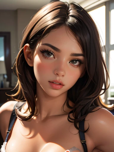 (((HD photo))), ultra high res.photorealistic:. 1.4, UHD, masterpiece, trending on artstation, upper body shot, pretty, cute face, most beautiful in the world, perfect hips, soft, delicate, long dark hair, slim body, large sagging breasts, wesring Calvin Klein bra, sunkissed, apartment interior background