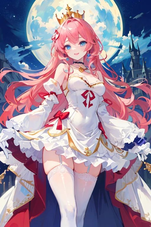 (masterpiece, best quality, ultra detailed, absurdres)1.5, 1girl, (sexy, beautiful woman, perfect face, perfect eyes, perfect female body)1.5, (kuroinu_prim, long hair, pink hair, wavy hair, sidehair, blue eyes, golden crown, white choker, golden collar, Ribbon Hair Accessory, extremely detailed clothes, smile, princess, (frilled dress, white dress, Detached Sleeves, Puffy Sleeves), white Gloves, white Stockings, ), (standing, fantasy castle), night, smooth, hdr,