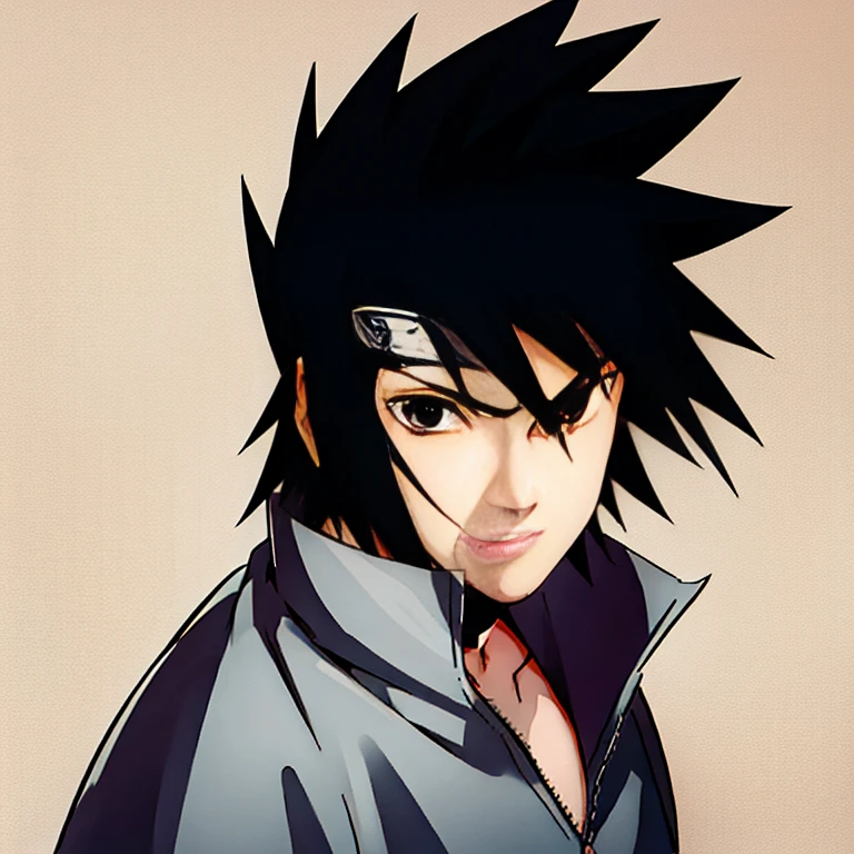artwork, best quality, ultra-detailed, illustration, Sasuke Uchiha A man with black hair and black eyes looks at the camera with a serious look on his face, colorless image