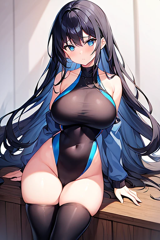 1girl, black hair, long hair, dark blue hair, large breasts, wide hips, thick thighs, one-piece swimsuit, competitiom swimsuit, black swimsuit, blue trim, blue eyes, shy, timid, long sleeves, bare lega