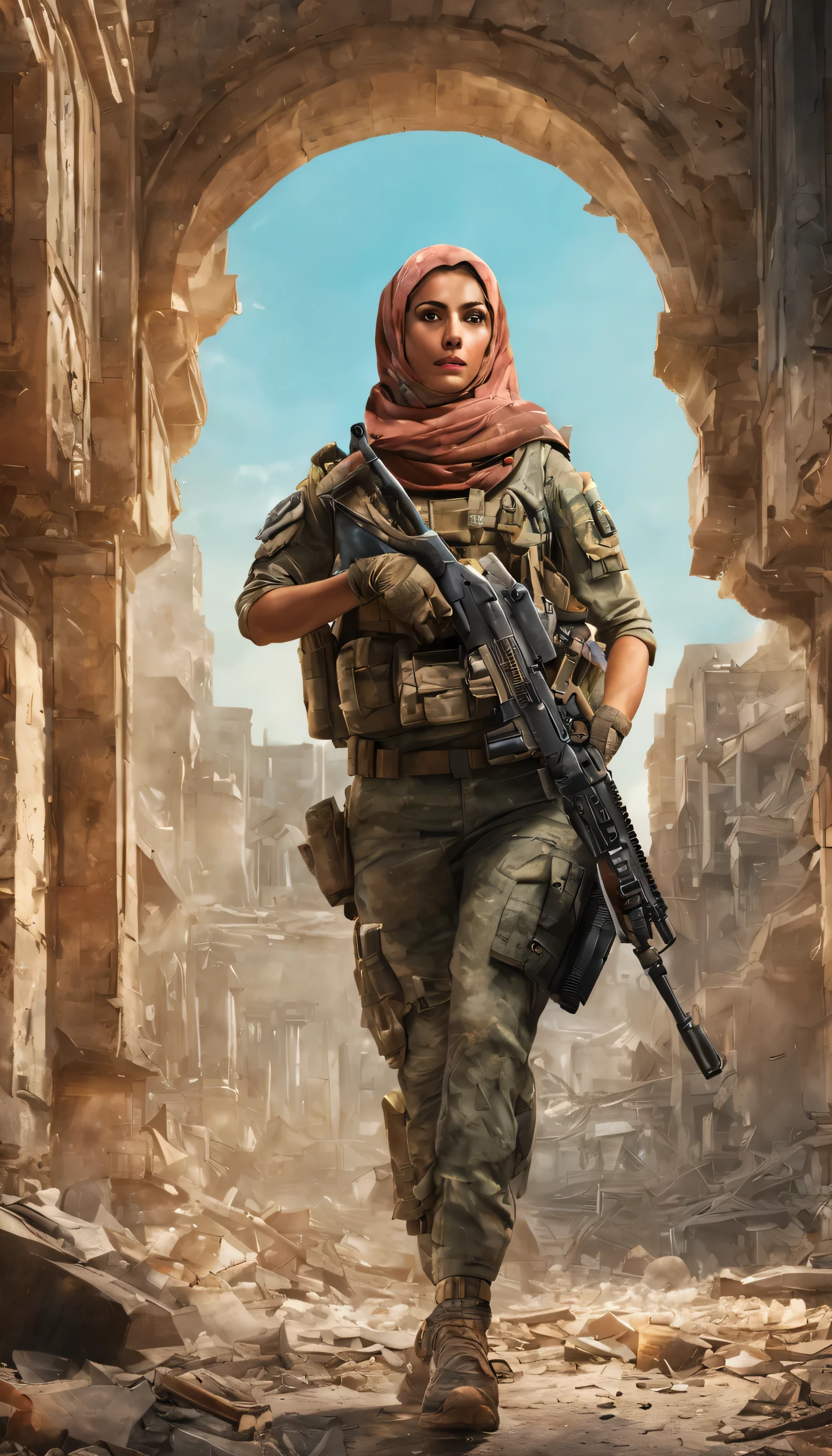 A beautiful female Palestine soldier with hijab uniform carrying submachine weaponry, insanely detailed and intricate background city ruin scene with some other characters and objects, a masterpiece cinematic photo realistic illustration of color comic maestro Don Lawrence, super detailed, high resolution, full vibrant color, volumetric lighting, octane render, octane lighting