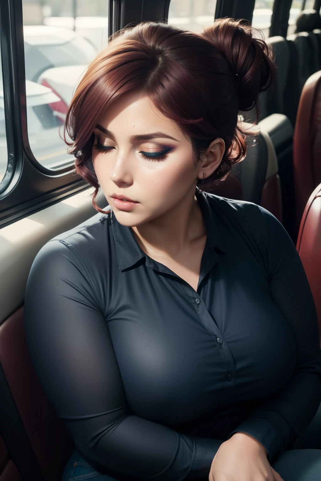 1 beautiful woman, big body, chubby woman, maroon hair, short hair, made up face, hair tied in a bun, hair on her face, black long sleeve blouse with neckline, CROSSED FINGERS, shot from above, top angle perspective, jeans blue, blue purse, big nails, eyelids made up, eyelids lined, asleep lying on a bus, head resting on the seat, eyes closed, ((MOUTH OPEN VERY OPEN)), ((VERY INTENSE MAKEUP)), Lucy Pinder, ((sweating)).