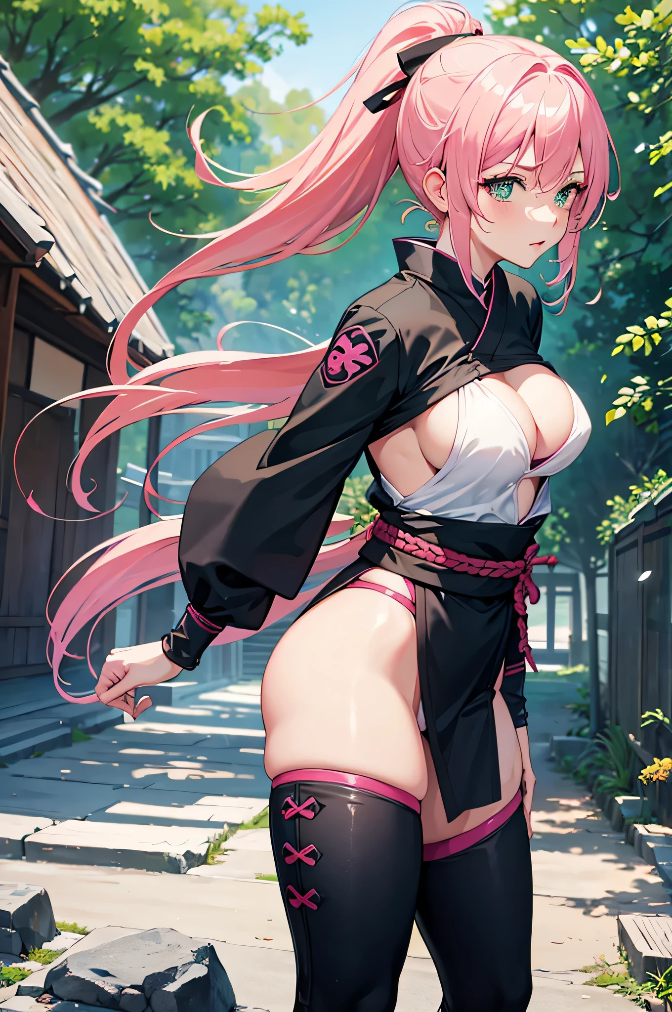 4K,High resolution,one woman,pink hair,short ponytail,green eyes,big breasts,ninja,ninjaの服,side boob,Japanese sword,Japan castle town