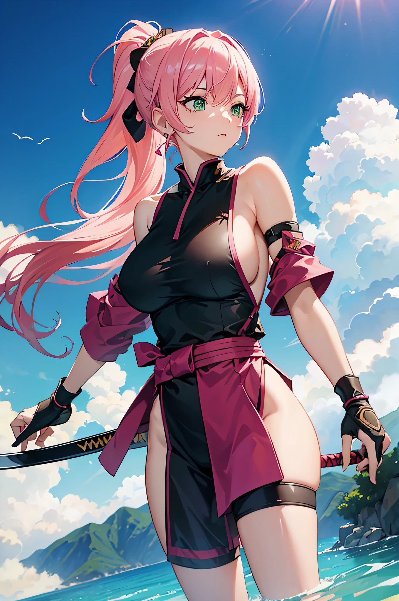 4K,High resolution,one woman,pink hair,short ponytail,green eyes,big breasts,ninja,ninjaの服,side boob,Japanese sword,japanese village