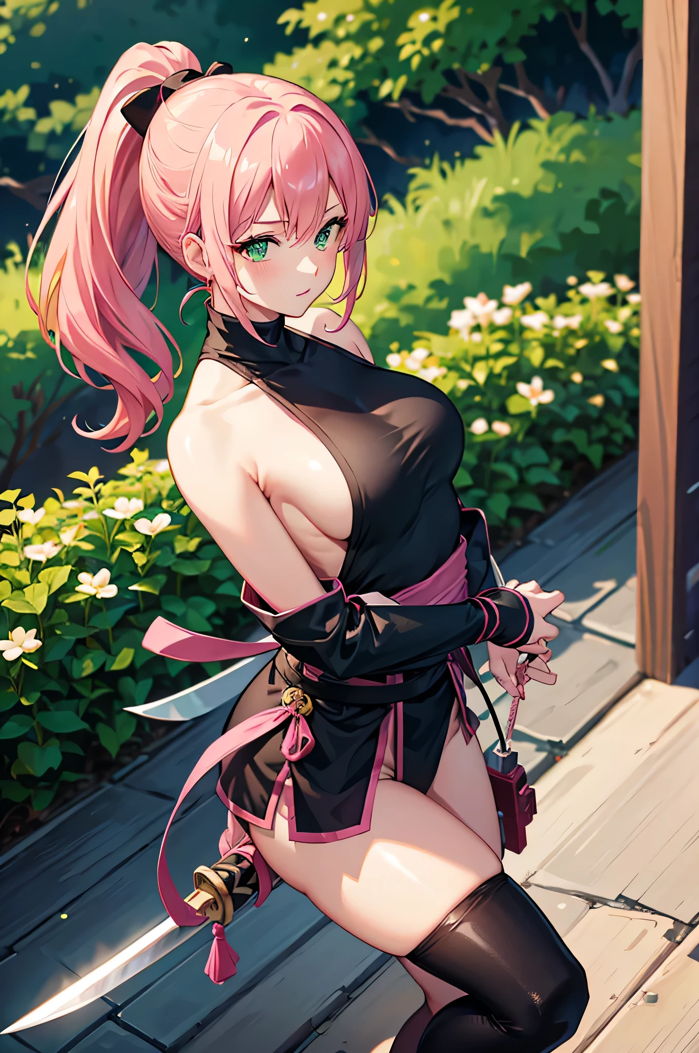 4K,High resolution,one woman,pink hair,short ponytail,green eyes,big breasts,ninja,ninjaの服,side boob,Japanese sword,japanese village