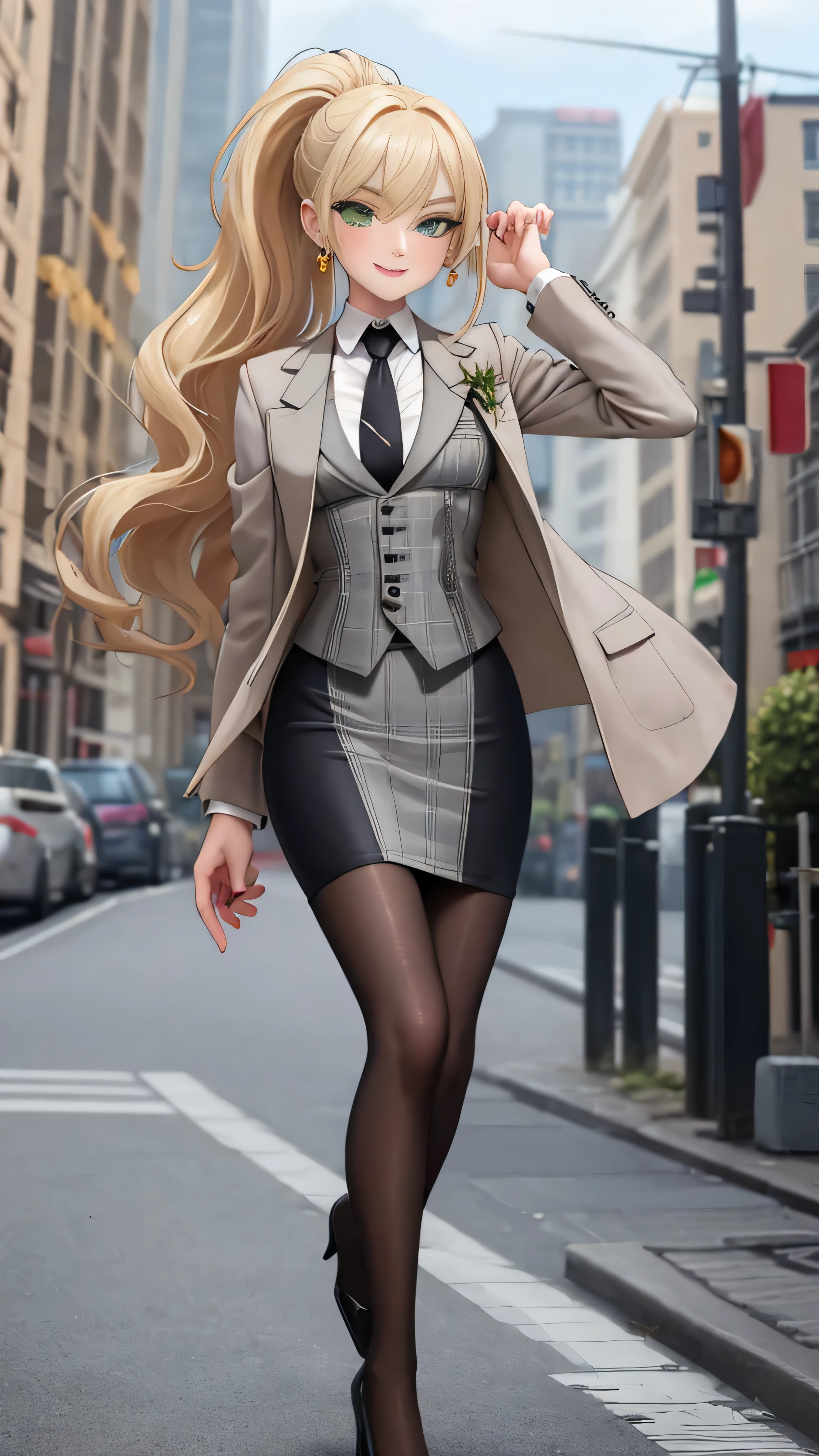 (best quality,4k,8k,highres,masterpiece:1.2),ultra-detailed,(realistic,photorealistic,photo-realistic:1.37),A girl with androgynous features,golden blonde hair,big expressive eyes,subtle makeup,beautiful jawline,symmetric face,soft skin,tall and slender,She is wearing a fashionable androgynous outfit made of high-quality fabrics,loose-fitting pants,striped tailored shirt with rolled-up sleeves,a well-tailored blazer,trousers fall perfectly on their shoes. She has a confident and poised posture,standing in front of an urban landscape with tall buildings and city lights. The scene is captured at dusk,with the warm glow of the setting sun casting a golden light over the girl and the city. The colors of the artwork are vibrant and vivid,with a mix of warm and cool tones. The lighting is dramatic and emphasizes the girl's features and the architectural elements in the background. The overall effect is a stunning and thought-provoking image that combines elements of fashion,beauty,and urban life. (night city), (cameltoe)