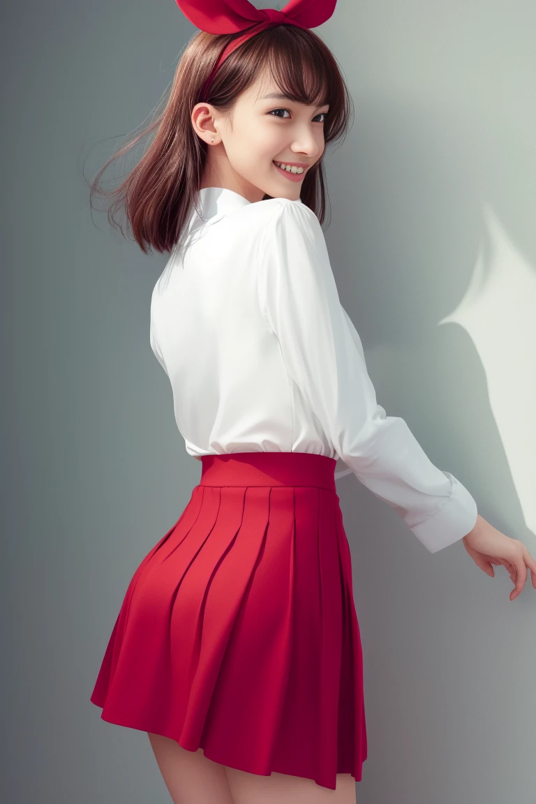 2D, masterpiece, highest quality, Realistic, very detailed, 1 girl, alone, Washimi, looking at the viewer, single blade, side blade, hair ribbon, white ribbon, white shirt, long sleeve, sailor collar, red ribbon, red skirt, pleated skirt, embarrteethed, blush, from below, panties, lift skirt, from behind, teeth
