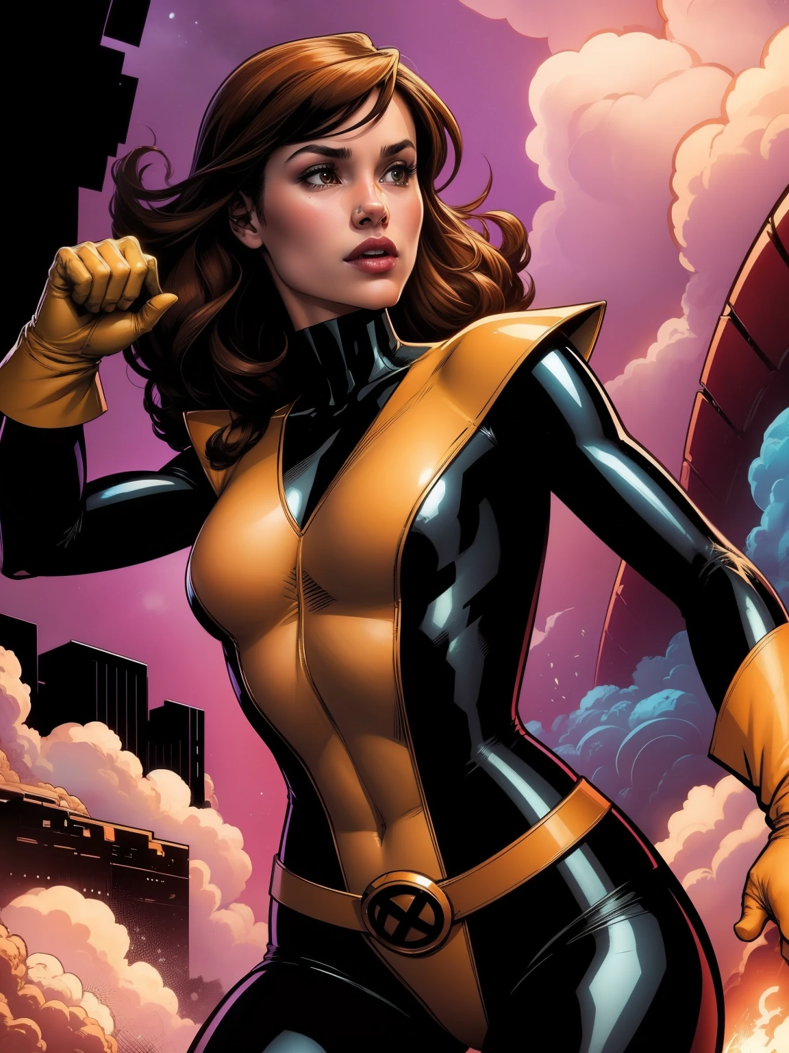 (((A comic style, cartoon art))). Shadowcat Posing for photo in epic heroic pose, wearing his iconic X-Men uniform. a concentrated expression. The vibrant color combination of the uniform stands out against the background, capturing the dynamic and powerful moment of Kitty Pryde's unique ability. (((Hot Body, camel toes))). ((((Abstract Comic background )))) , vivid colors, detailed, detailed face, realistic shadows and bright, glowing.