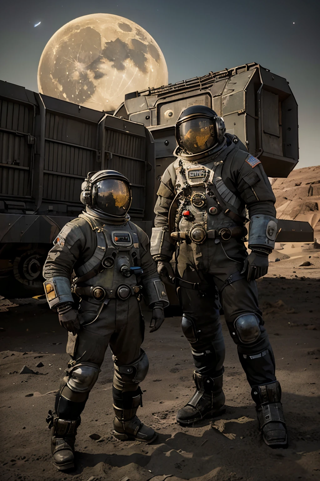 Visualize a dieselpunk-style lunar expedition, where astronauts clad in retro-futuristic, diesel-era inspired space gear explore the Moon's rugged terrain. The scene is rich with the industrial and mechanical motifs characteristic of dieselpunk, featuring bulky, riveted space suits, and a lunar rover designed with art deco elements and exposed machinery. The backdrop showcases the Moon's desolate landscape, juxtaposed with the warm glow of Earth on the horizon, casting long shadows and highlighting the intricate details of the astronauts' gear and the rover. The atmosphere is imbued with a sense of adventure and the raw, untamed spirit of exploration, reflective of the dieselpunk ethos. Elements of early 20th-century design merge with speculative technology, creating a unique vision of space exploration that's both nostalgic and forward-looking. Created Using: dieselpunk aesthetic, retro-futuristic space gear, diesel-era inspiration, Moon exploration, industrial and mechanical motifs, bulky riveted space suits, art deco lunar rover, desolate lunar landscape, warm Earth glow, sense of adventure, untamed exploration spirit, early 20th-century design, speculative technology, nostalgic yet forward-looking vision