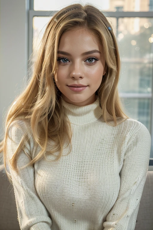 (Best quality, 8k, 32k, Masterpiece, UHD:1.2),Photo of Pretty escandinova, 1girl, (long blonde hair), double eyelid, she’s wearing a turtleneck sweater, patys looking for the windows college, fashion model posing, smile
