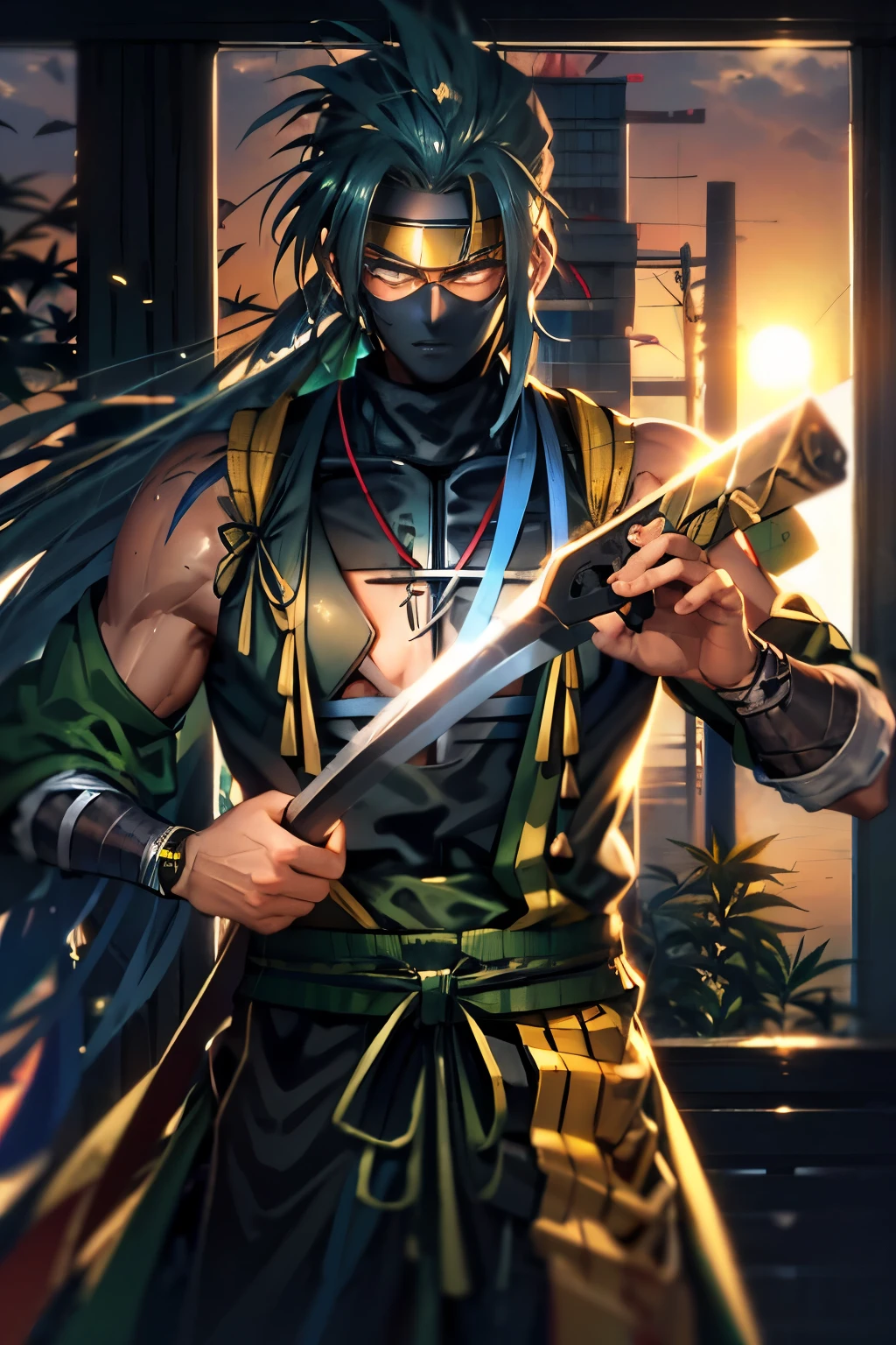 Photo of a handsome ((dark-skinned tall male Haitian Shinobi ninja)) with (blue-dyed long braided hair) wearing (sleeveless "jonin flak jacket" with kunai and shuriken bandolier) and (flowing striped multi-colored hakama), wearing ("Hidden in the Mist Shinobi headband")!, wearing glowing emerald necklace, unsheathing katana tied to hip with hemp rope, wearing tall dark-wood geta, ((sneaking through dense cannabis sativa Summer garden background during golden hour))