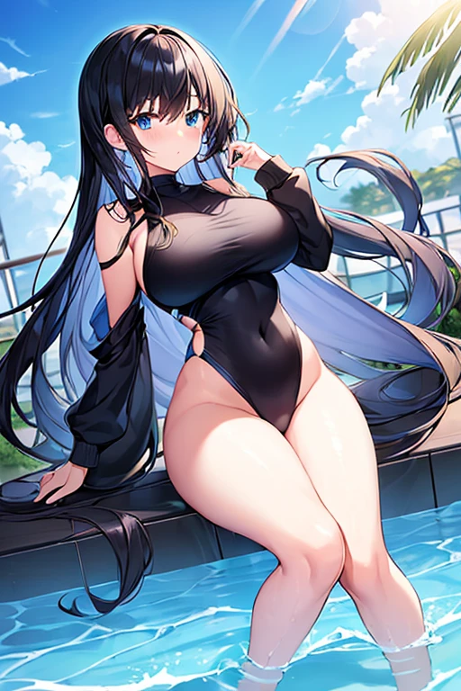 1girl, black hair, long hair, dark blue hair, large breasts, wide hips, thick thighs, one-piece swimsuit, competitiom swimsuit, black swimsuit, blue trim, blue eyes, shy, timid, long sleeves, bare legs, pool