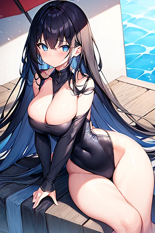 1girl, black hair, long hair, dark blue hair, large breasts, wide hips, thick thighs, one-piece swimsuit, competitiom swimsuit, black swimsuit, blue trim, blue eyes, shy, timid, long sleeves, bare legs, pool