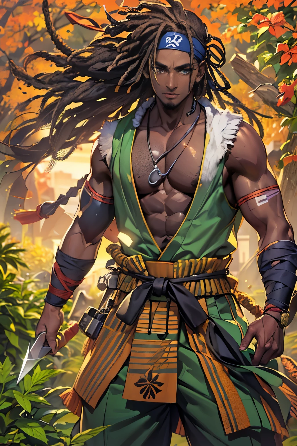 (handsome dark-skinned tall male Haitian Shinobi with long freeform locs) wearing ("tactical chunin vest" with kunai and shuriken bandolier)! and flowing colorful hakama, wearing "Hidden in the Mist Shinobi headband"!, wearing tall dark-wood geta, mindfully walking through dense cannabis sativa garden background during golden hour