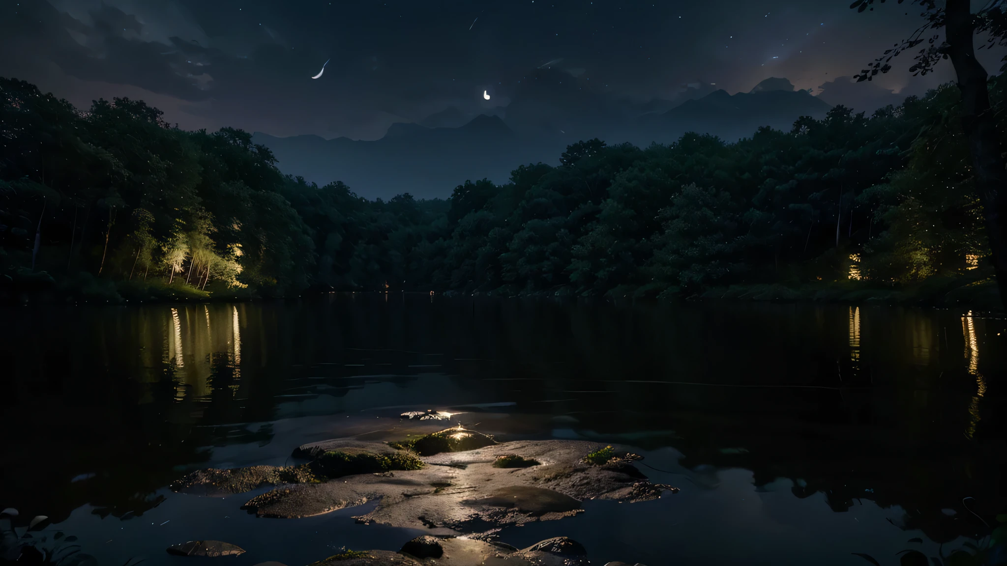 floresta densa,lago iluminado pela lua,Reflexos ao Luar,Shadowy trees,atmosfera serena,ethereal beauty,paisagem majestosa,Moody lighting,shiny water surface,sombras misteriosas,aura encantadora,oasis in the dark,lush vegetation,sound of water running,moonlight filtering through the canopy,caminho manchado ao luar,peaceful tranquility,Folhas sussurrando,moonbeams dancing on the water,Twinkling stars in the night sky,picturesque scenery,mistic ambient,calmo e sereno,solitude in the middle of nature,cores calmantes,Serenidade noturna,quietude da floresta,silhouette of trees against the moonlit sky,beleza natural surpreendente,magical night wonderland. (melhor qualidade,4k,8k,high resolution,obra de arte:1.2),ultra-detalhado,(realista,photorealista,photo-realista:1.37),HDR,Ultra HD,studio lighting,pintura ultrafina,sharp focus,Physically based rendering,extreme detailed description,profissional,cores vivas,Bokeh,paisagens