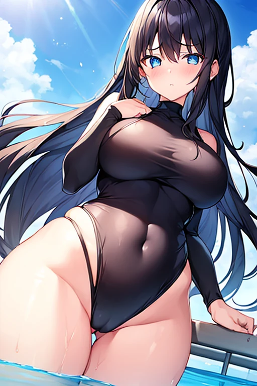 1girl, black hair, long hair, dark blue hair, large breasts, wide hips, thick thighs, one-piece swimsuit, competitiom swimsuit, black swimsuit, blue trim, blue eyes, shy, timid, long sleeves, bare legs, pool