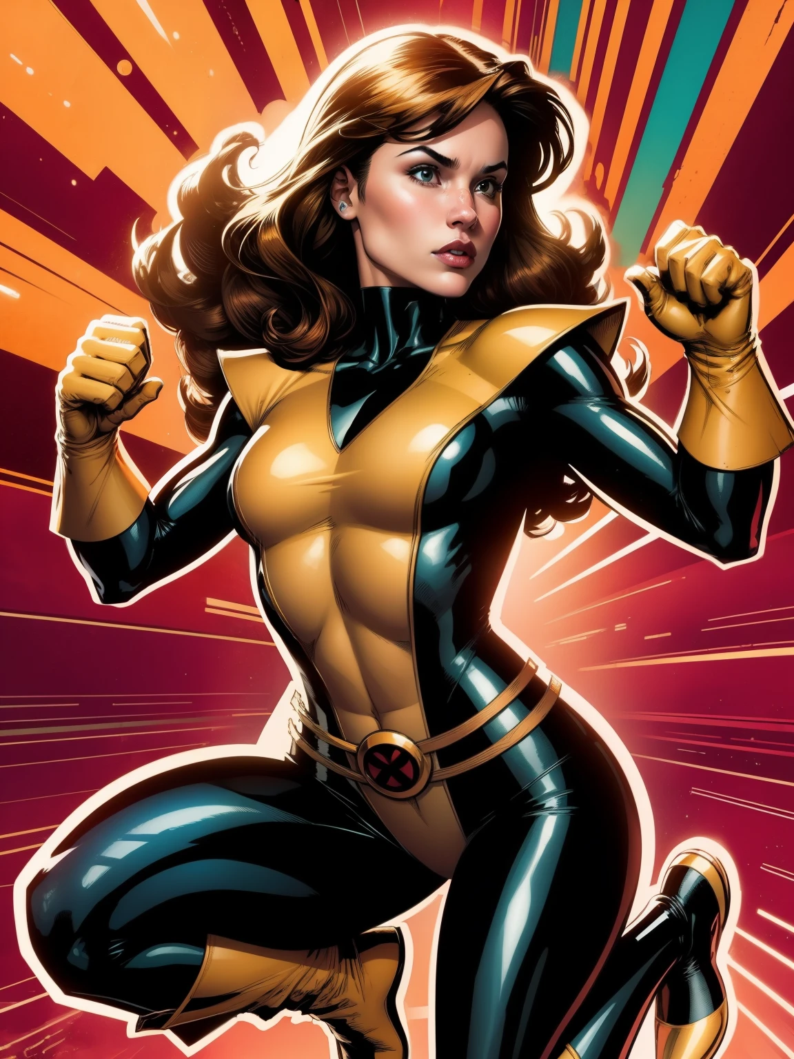 (((A comic style, cartoon art))). Shadowcat Posing for photo in epic heroic pose, wearing his iconic X-Men uniform. a concentrated expression. The vibrant color combination of the uniform stands out against the background, capturing the dynamic and powerful moment of Kitty Pryde's unique ability. (((Hot Body, camel toes))). ((((Abstract Comic background )))) , vivid colors, detailed, detailed face, realistic shadows and bright, glowing.