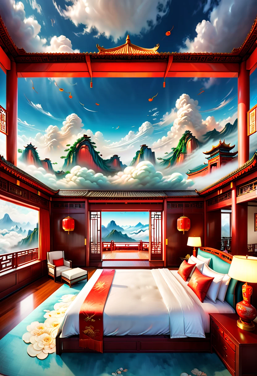 resort bedroom on the clouds, Chinese elements, panoramic view, Ultra high saturation, Enhancer, (best quality, masterpiece, Representative work, official art, Professional, 8k)