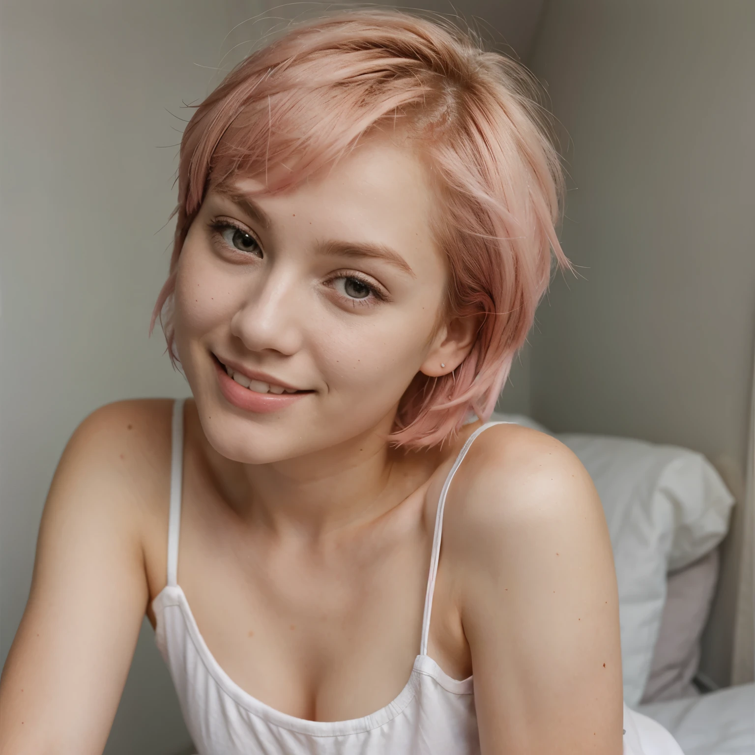 19-years old woman, short blonde pink hair, white top