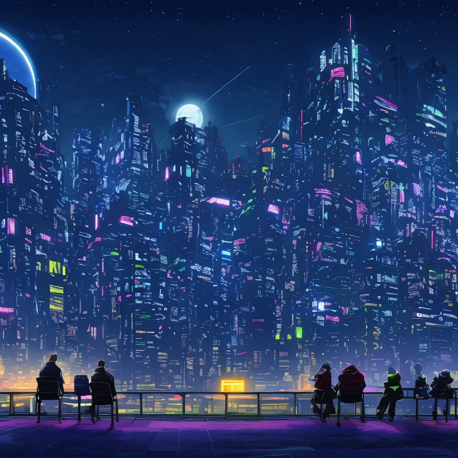 A huge cyberpunk city with flashing neon lights against the night sky, the moon is huge and bright, and in the distance you can see two people looking at the moon, a guy and a girl, two people really far away sitting on a building