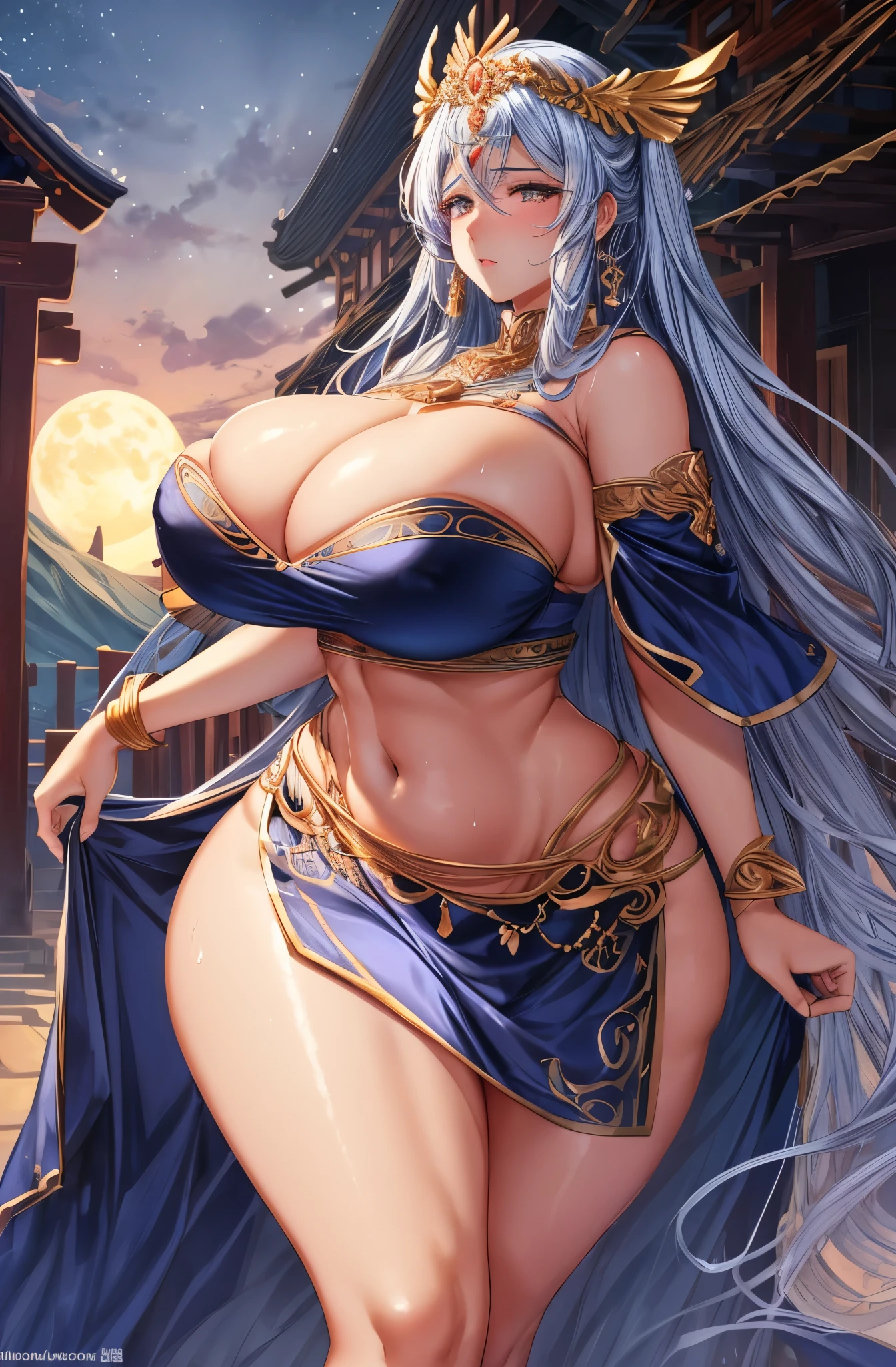 Goddess Of Night, enormous breasts, giant ass, very curvy, Wide hips, thick thighs, Bursting breasts, huge , heavy breast, white silk, areola. nipple, big ass, abdomen muscle, sweaty, glowing eyes, in temple, full moon