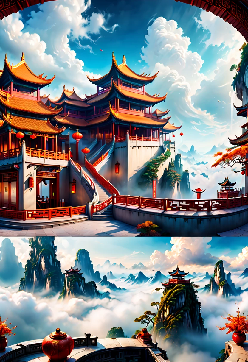resort restaurant on the clouds, Chinese elements, detailed background, fantasy art, panoramic view, Ultra high saturation, Enhancer, (best quality, masterpiece, Representative work, official art, Professional, 8k)