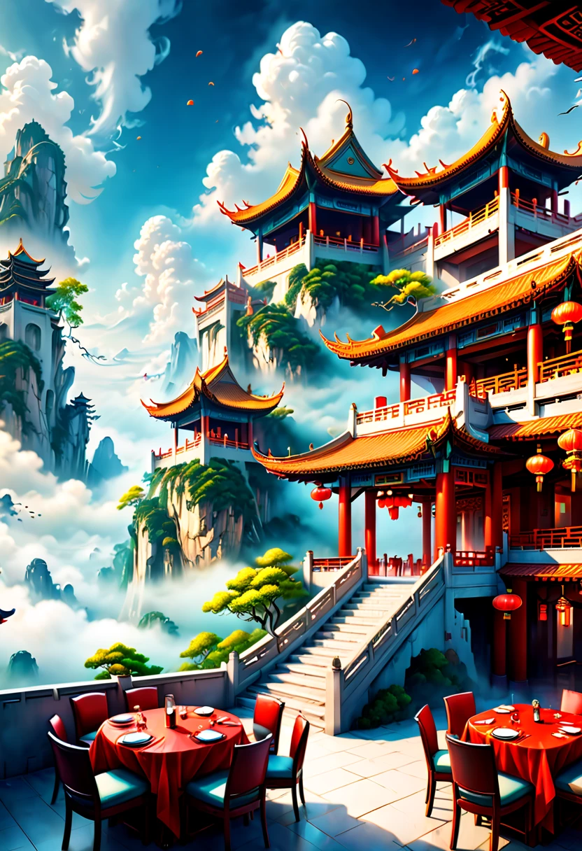 resort restaurant on the clouds, Chinese elements, detailed background, fantasy art, panoramic view, Ultra high saturation, Enhancer, (best quality, masterpiece, Representative work, official art, Professional, 8k)