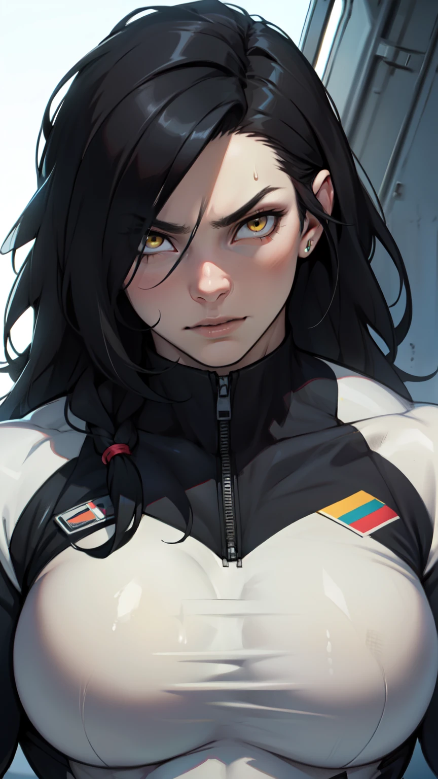 1 girl, black hair, yellow eyes, very long hair, pale skin, ((((extremely muscular)))), large breasts, (confident expression), pilot suit, close up